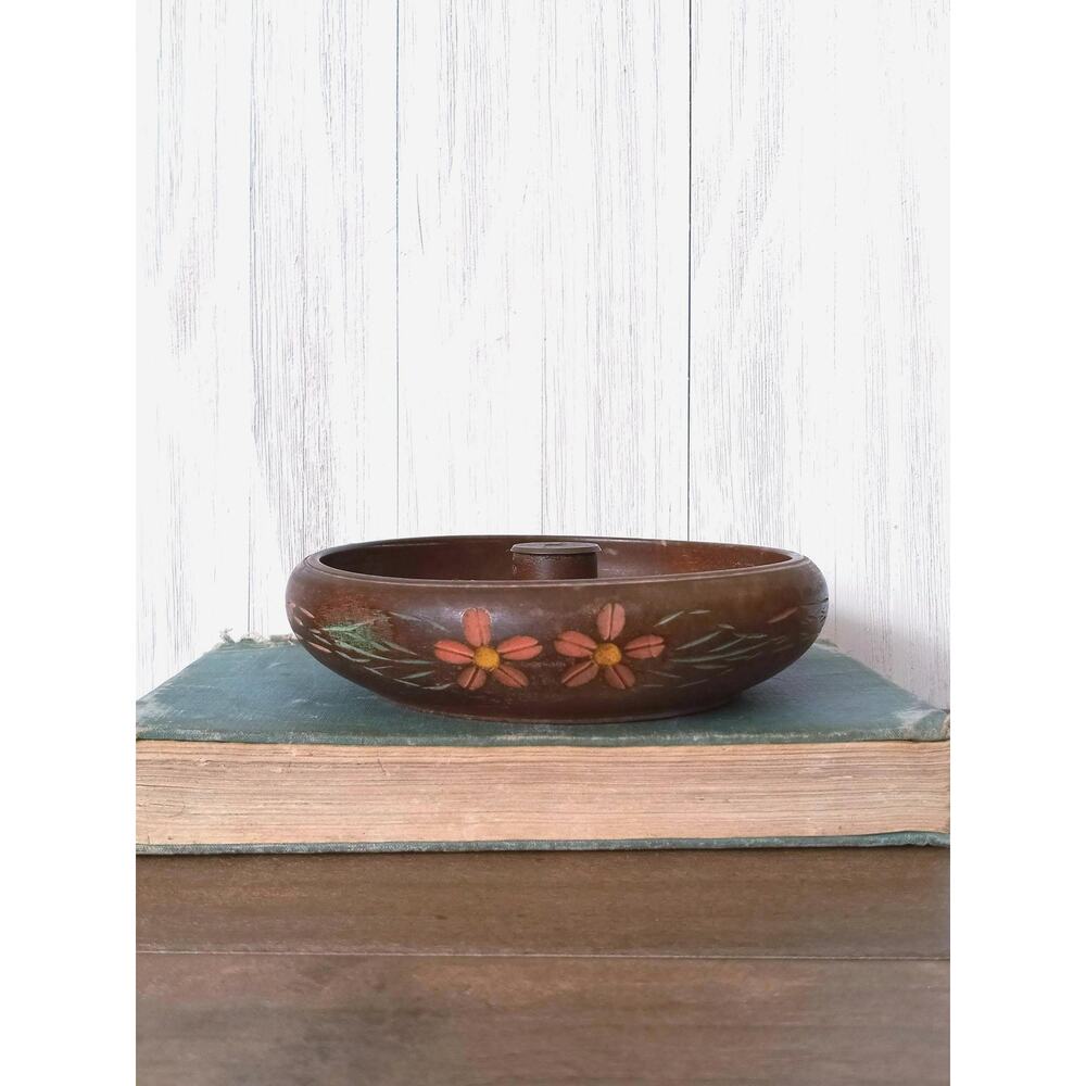 Vintage Floral Carved Wood Nut Bowl